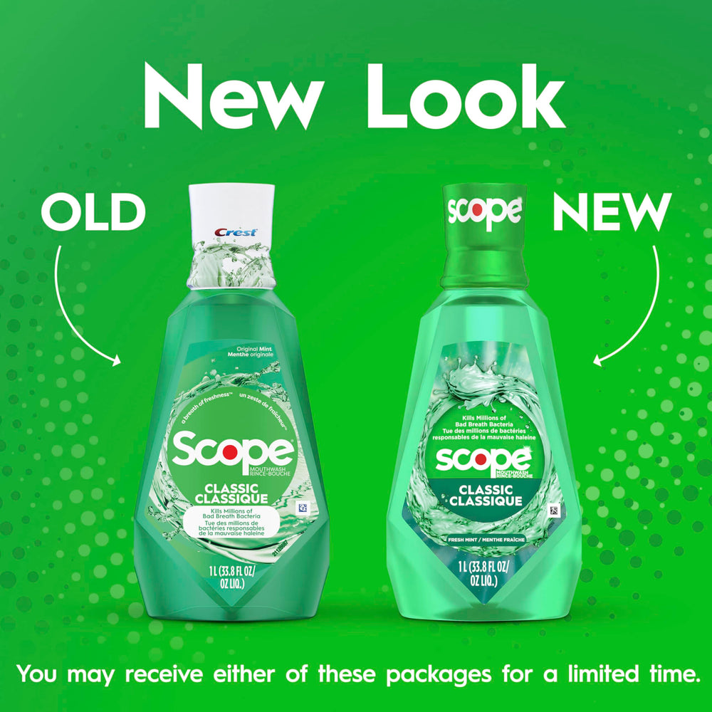 Crest Scope Classic pour demonstrates quick use for fresh breath after meals.