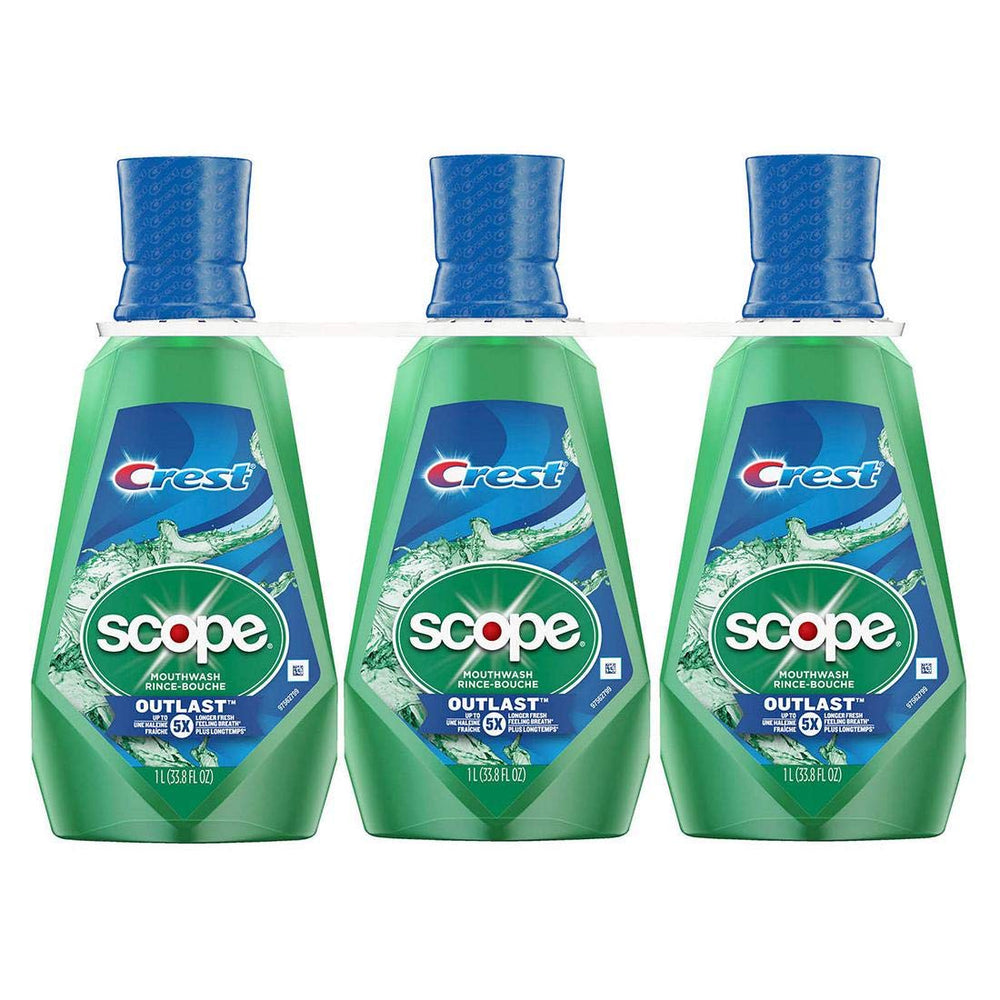 Crest Scope Outlast bottle showing long-lasting peppermint freshness for daily mouth care.