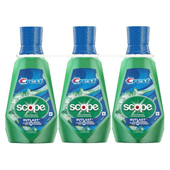 Crest Scope Outlast bottle showing long-lasting peppermint freshness for daily mouth care.