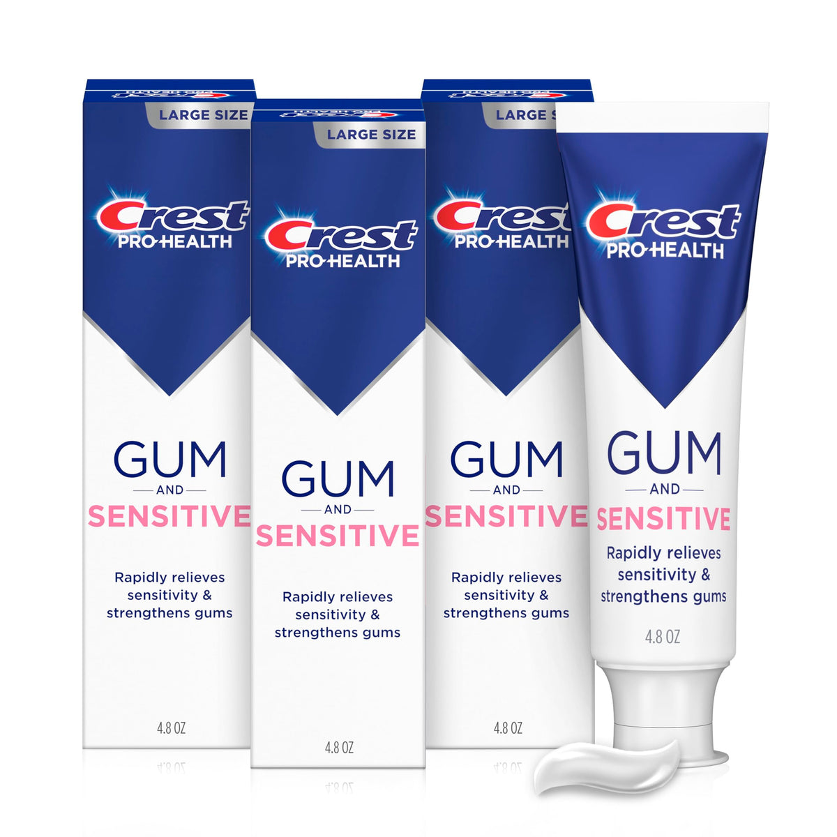 Crest Sensitive and Gum toothpaste 3-pack pack shot showing value and daily protection