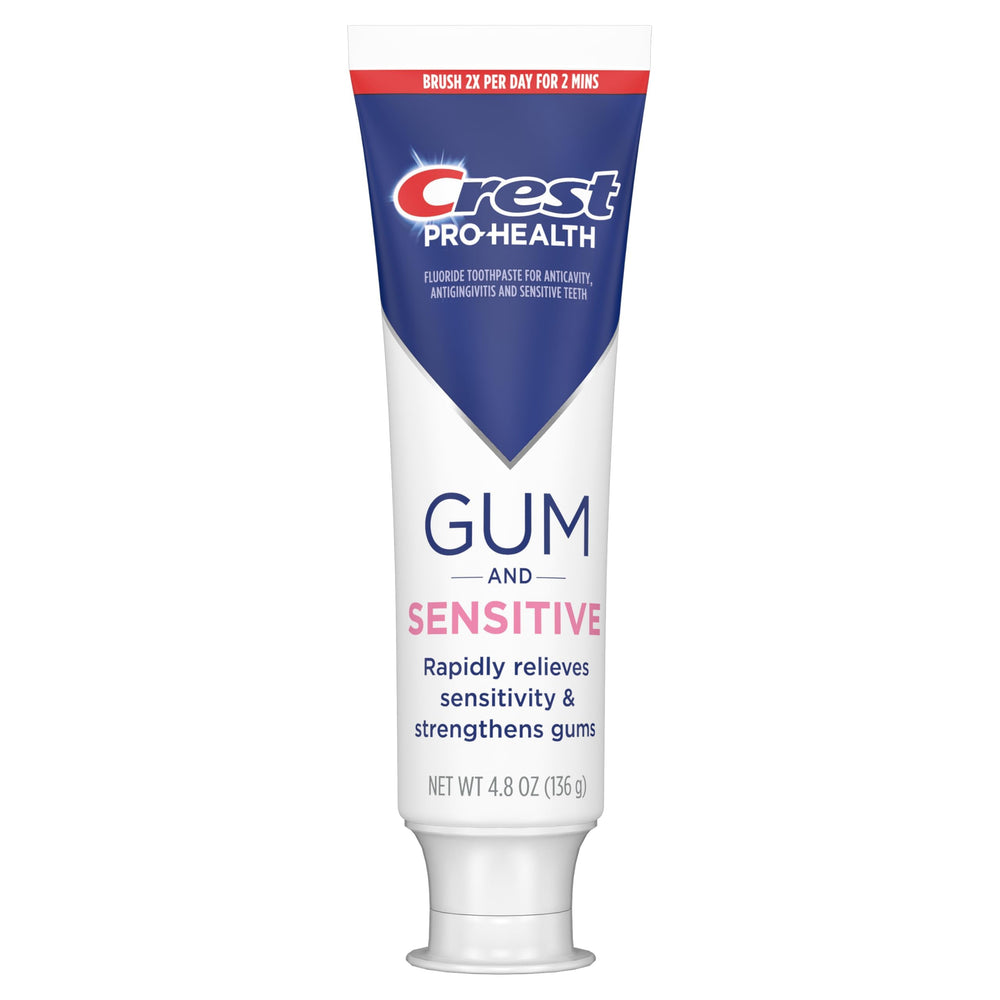 Crest Sensitive Gum Toothpaste tube front view showing branding and protective formula