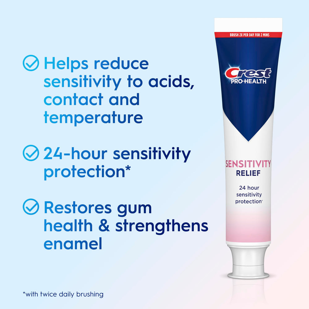Crest Sensitivity Relief 3-pack display box highlighting enamel and gum support.
