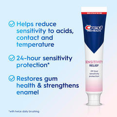 Crest Sensitivity Relief 3-pack display box highlighting enamel and gum support.