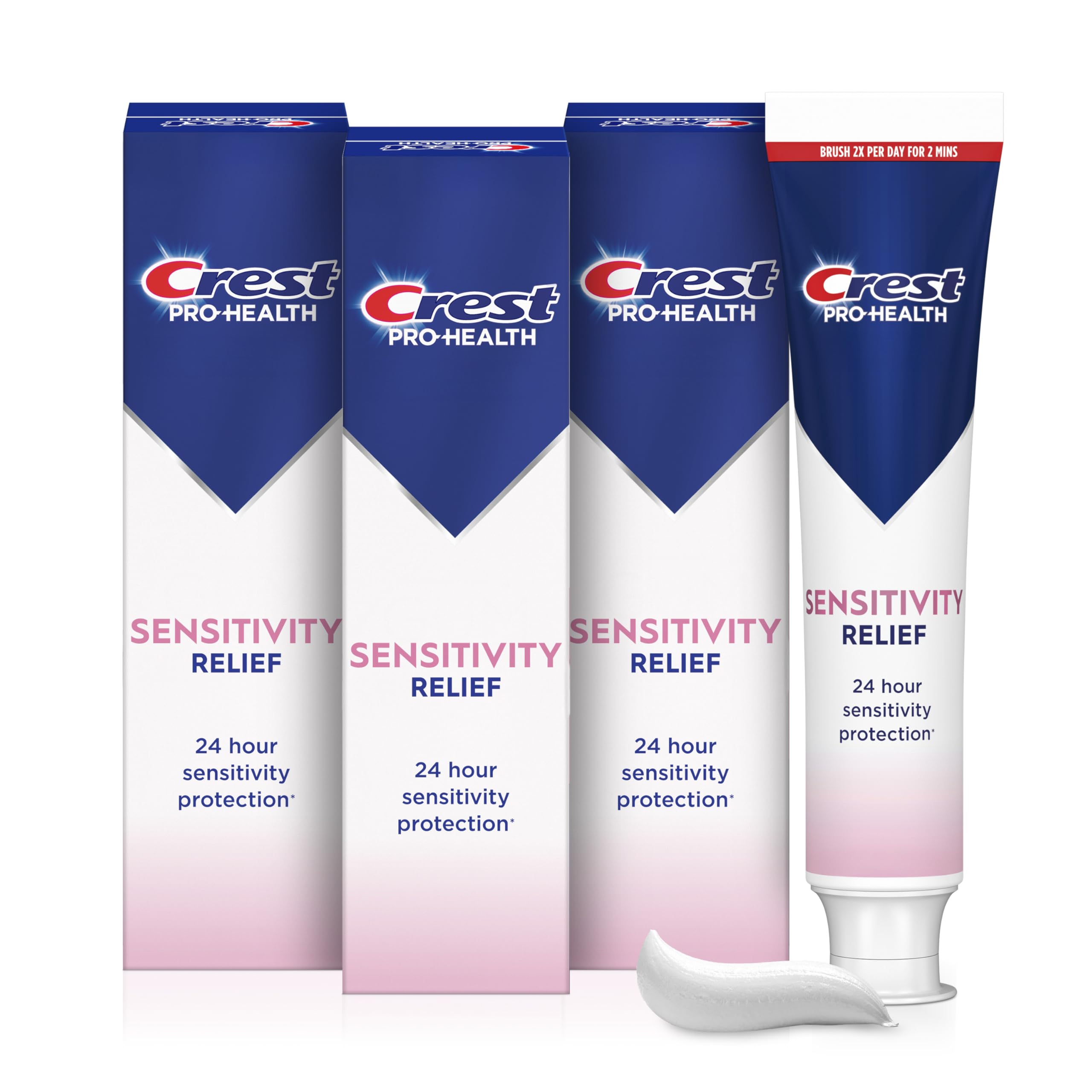Crest Sensitivity Relief toothpaste tube front with shield icon for fast sensitivity relief.