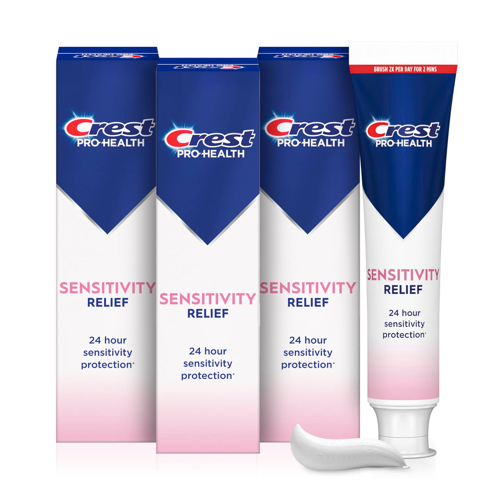 Crest Sensitivity Relief toothpaste tube front with shield icon for fast sensitivity relief.