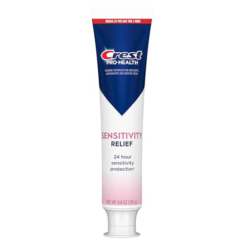 Crest Sensitivity Relief tube beside bright enamel to suggest cavity protection.