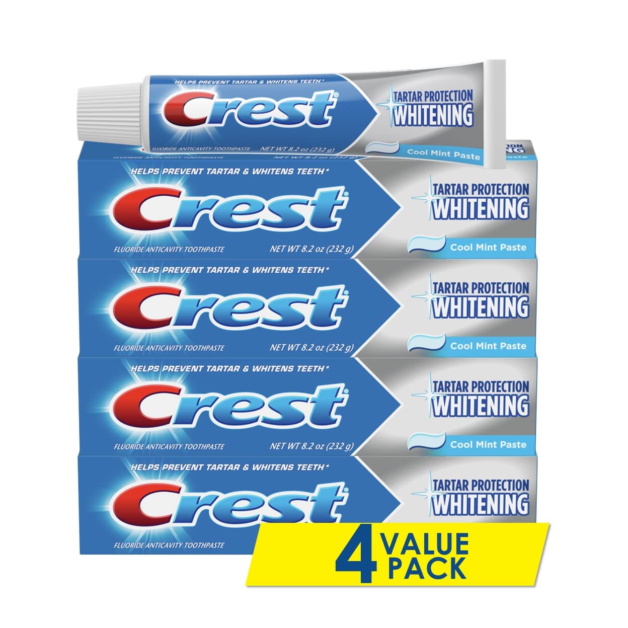 Crest Tartar Protection whitening toothpaste pack-4 provides tartar defense.