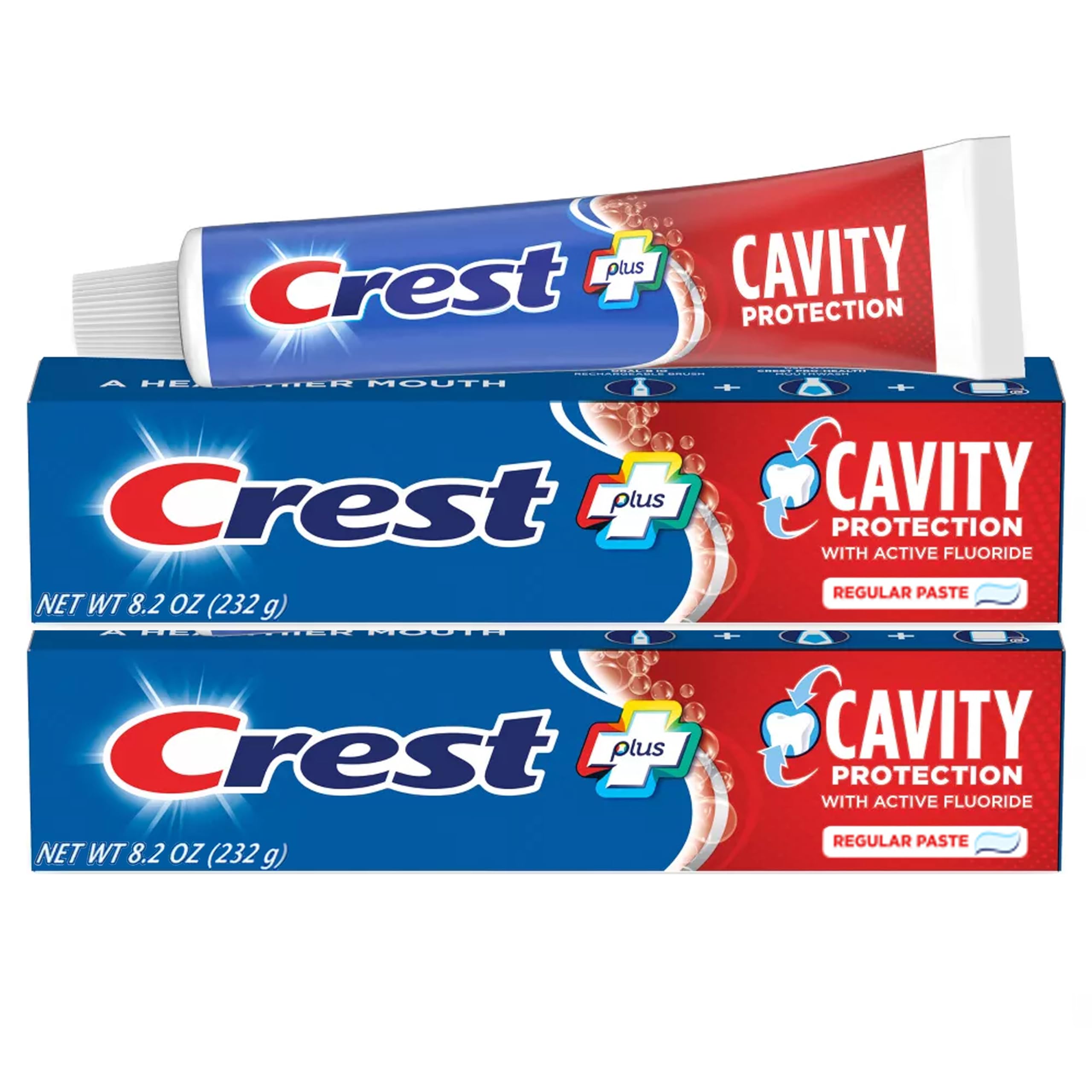 Crest toothpaste 8.2 oz pack-2 close-up showing cavity protection for daily brushing.