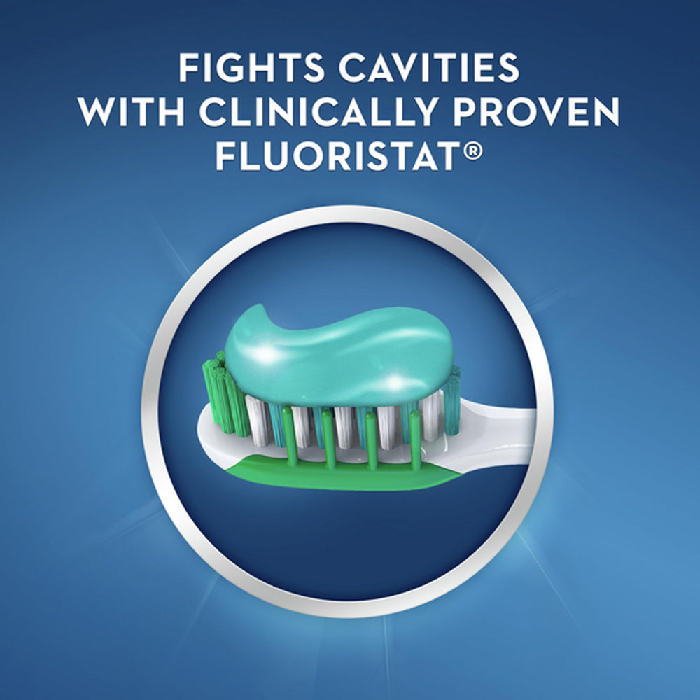 Crest toothpaste countertop display shot suggests easy, everyday oral care at home.
