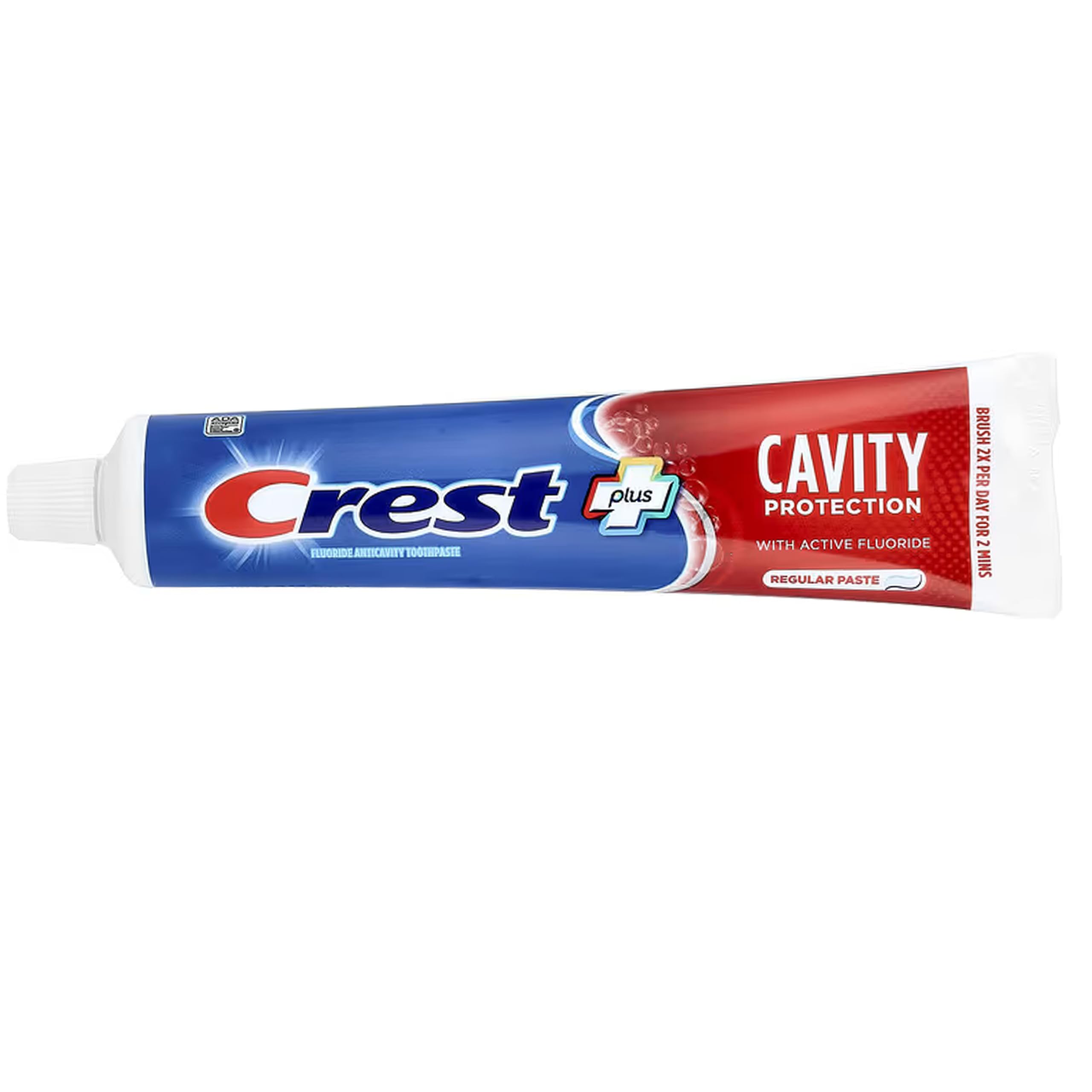 Crest toothpaste regular cavity protection close-up highlights tube design and freshness.
