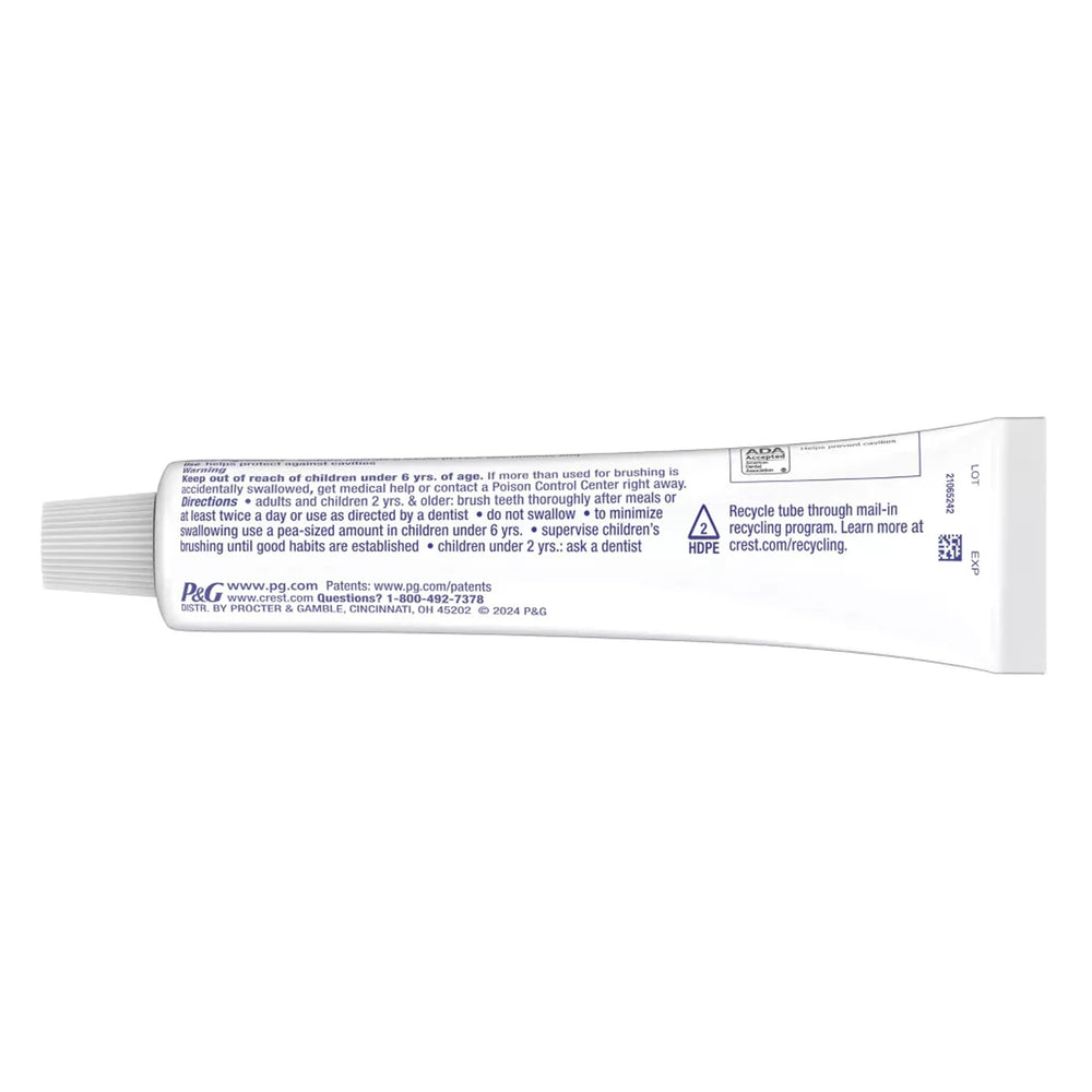 Crest toothpaste front-view tube showcases size and cavity protection feature.