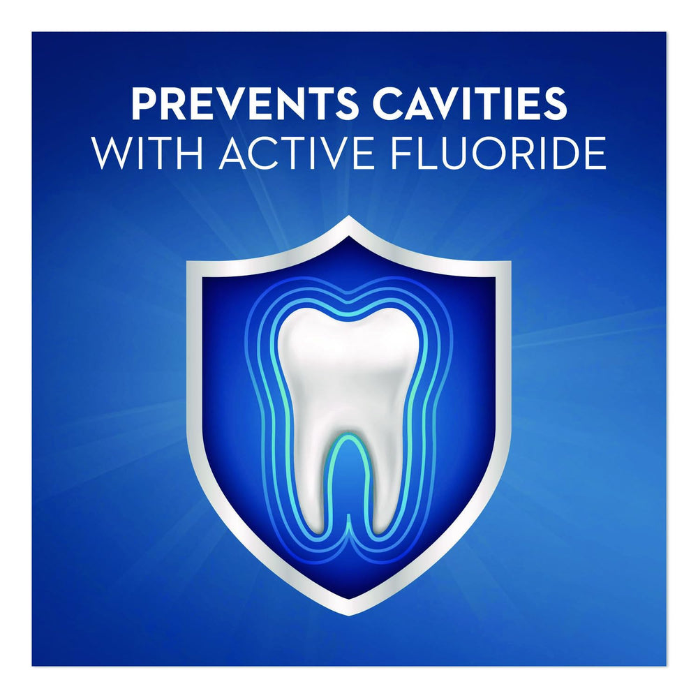 Crest enamel protection fluoride detail suggests enamel support with regular brushing.