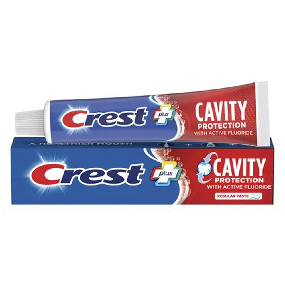 Crest travel-size toothpaste four-tube pack demonstrates travel convenience for guests.