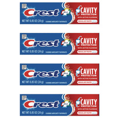 Crest travel-size toothpaste front view shows compact on-the-go design.