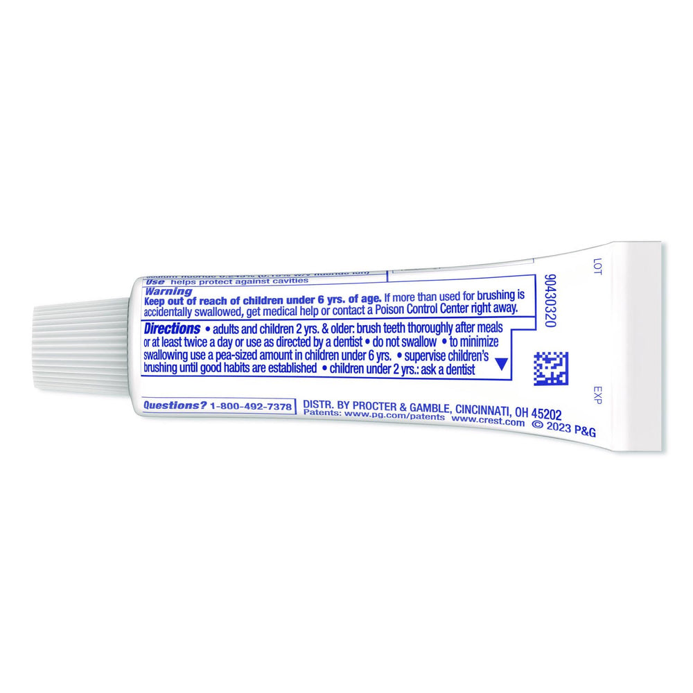 Crest travel-size toothpaste hospitality packaging captures take-home bag appeal.