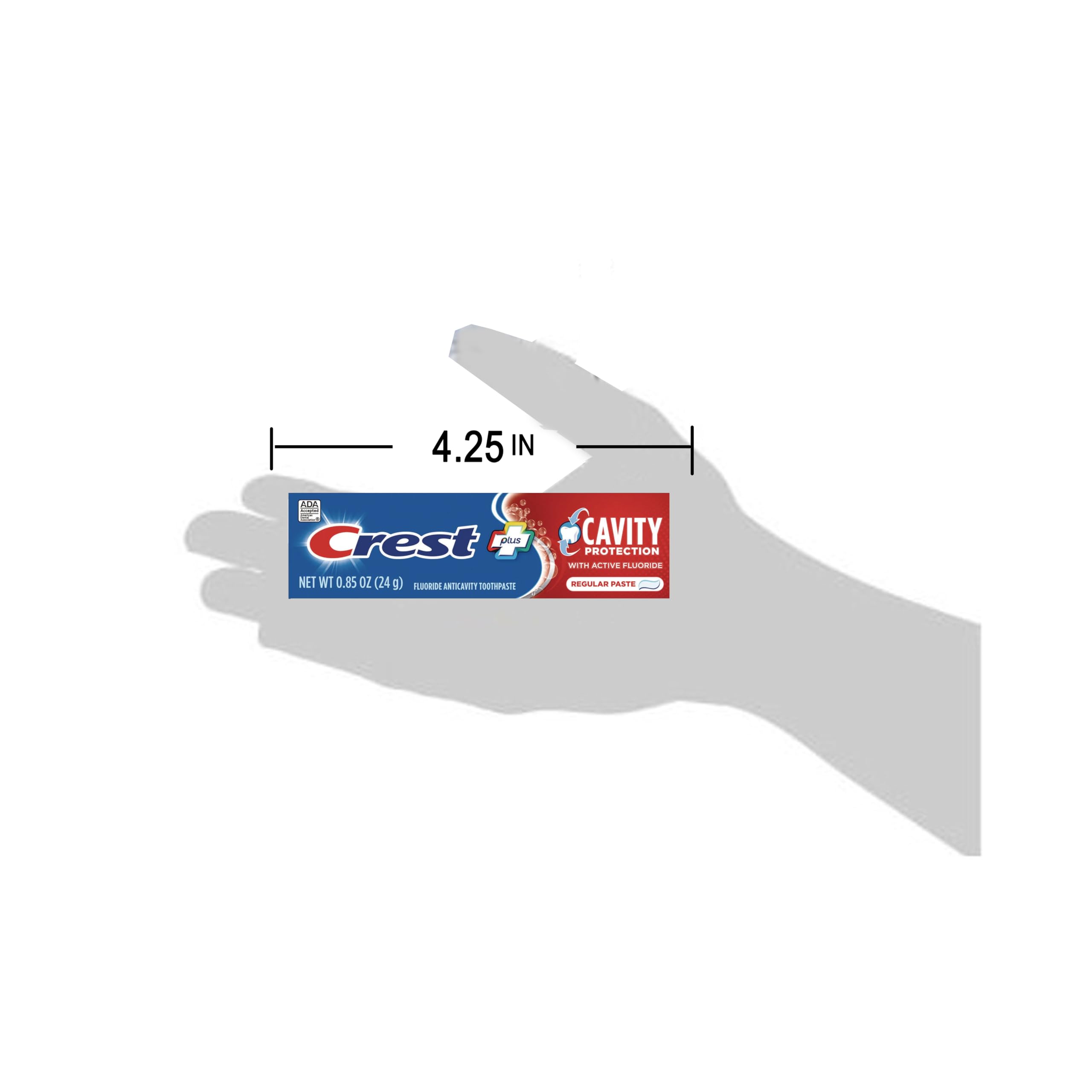 Crest travel-size toothpaste tube close-up cap highlights easy, smooth application.