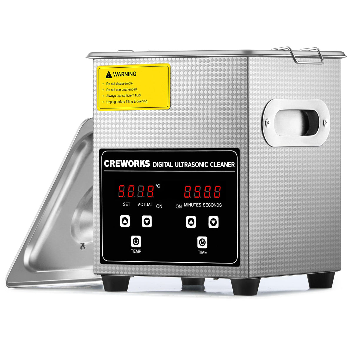CREWORKS 2L ultrasonic cleaner front view, compact home device for quick jewelry cleaning