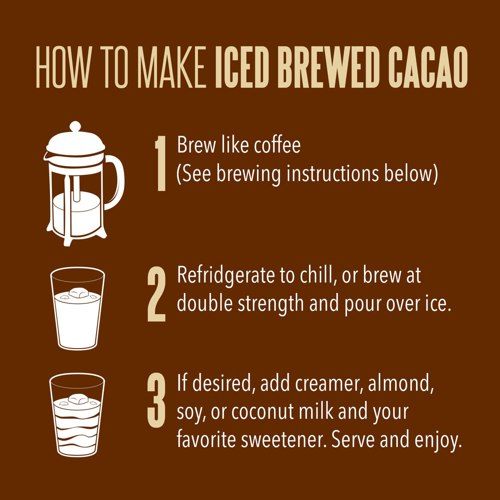 Cacao beans and spoon illustrate Crio Bru Brewed Cacao Double Chocolate nutrients like flavonoids and magnesium.