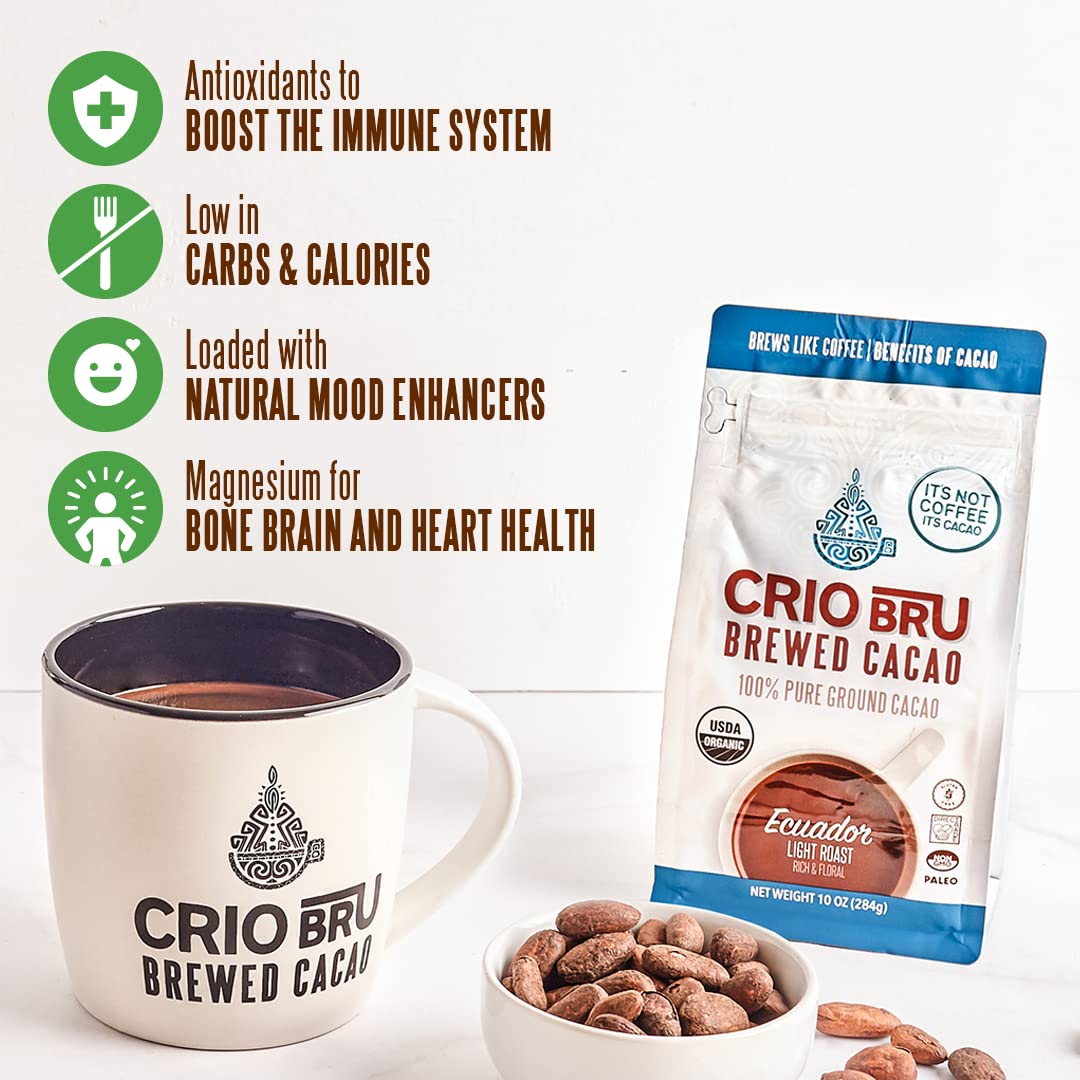 French press in action hints Crio Bru Brewed Cacao Double Chocolate as a chocolate coffee substitute.