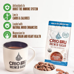 French press in action hints Crio Bru Brewed Cacao Double Chocolate as a chocolate coffee substitute.