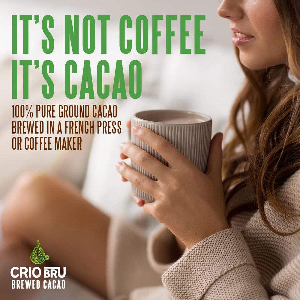 Ground Crio Bru Brewed Cacao Double Chocolate for rich flavor and milder energy.