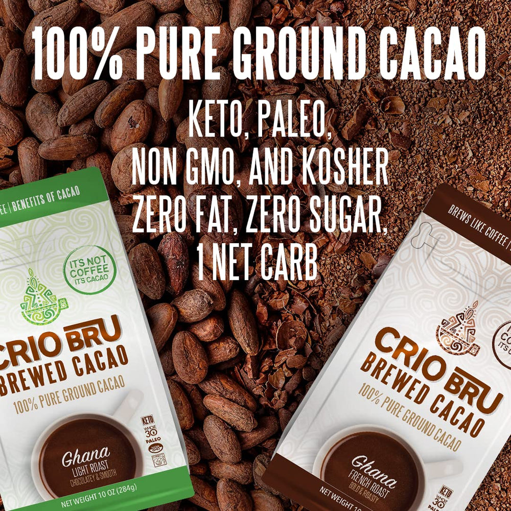 Iced beverage in glass emphasizes Crio Bru Brewed Cacao Double Chocolate refreshing, low-carb option.
