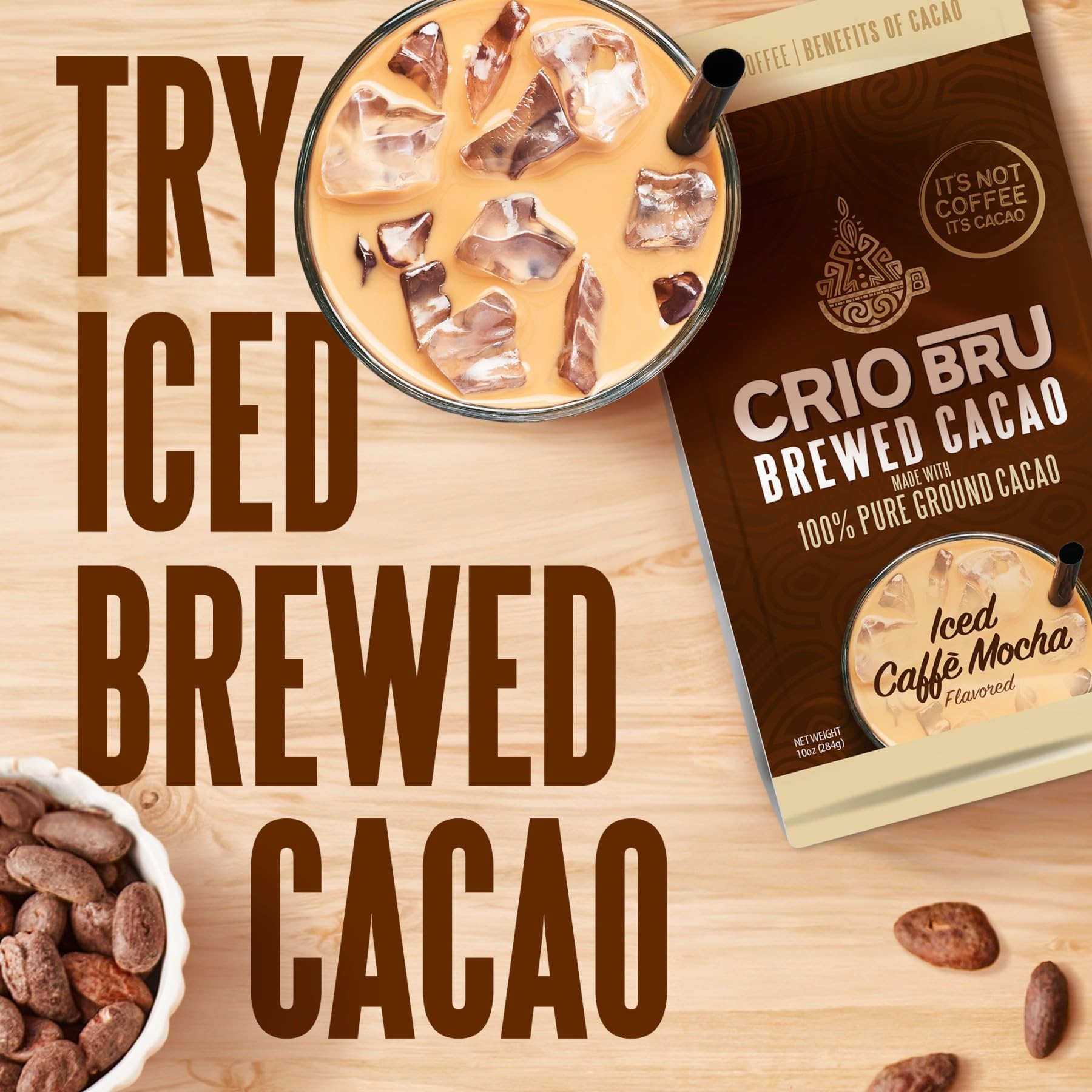 Mug with recipe card shows Crio Bru Brewed Cacao Double Chocolate keto-friendly routine.