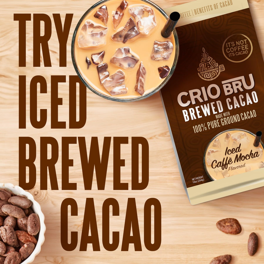 Mug with recipe card shows Crio Bru Brewed Cacao Double Chocolate keto-friendly routine.