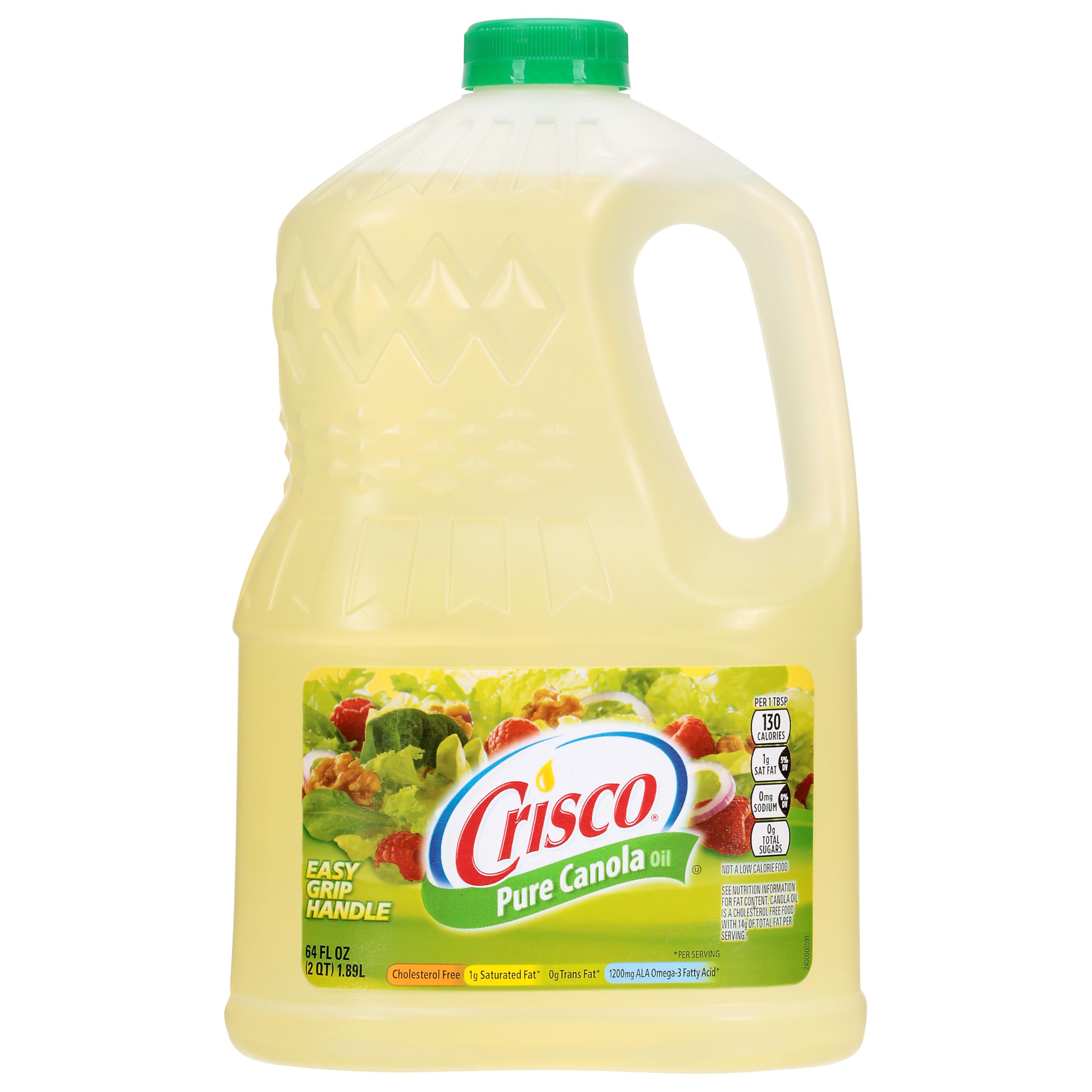 Crisco Pure Canola Oil 64oz bottle on a kitchen counter, ideal for frying and baking.