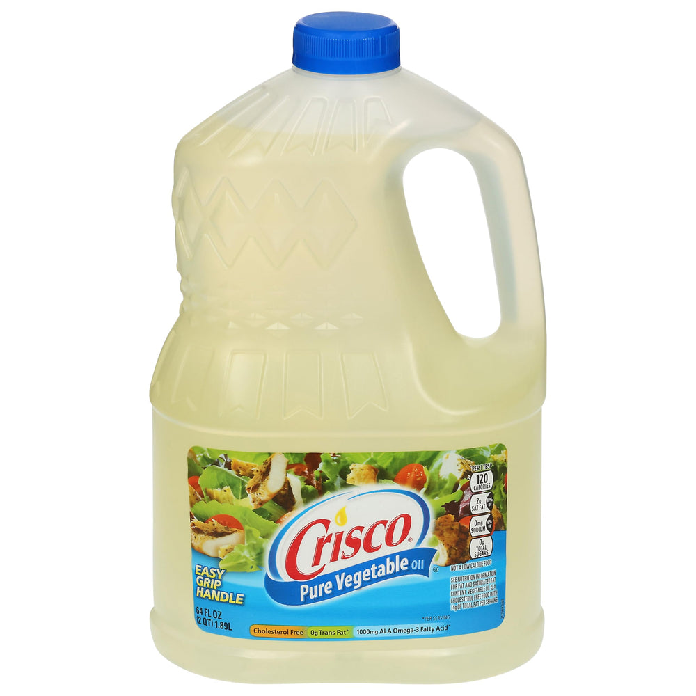 Crisco Pure Vegetable Oil bottle emphasizes neutral flavor for versatile cooking