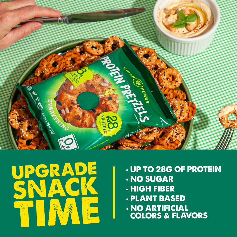 CRISP POWER 1-75oz bag showcases portable protein pretzels.