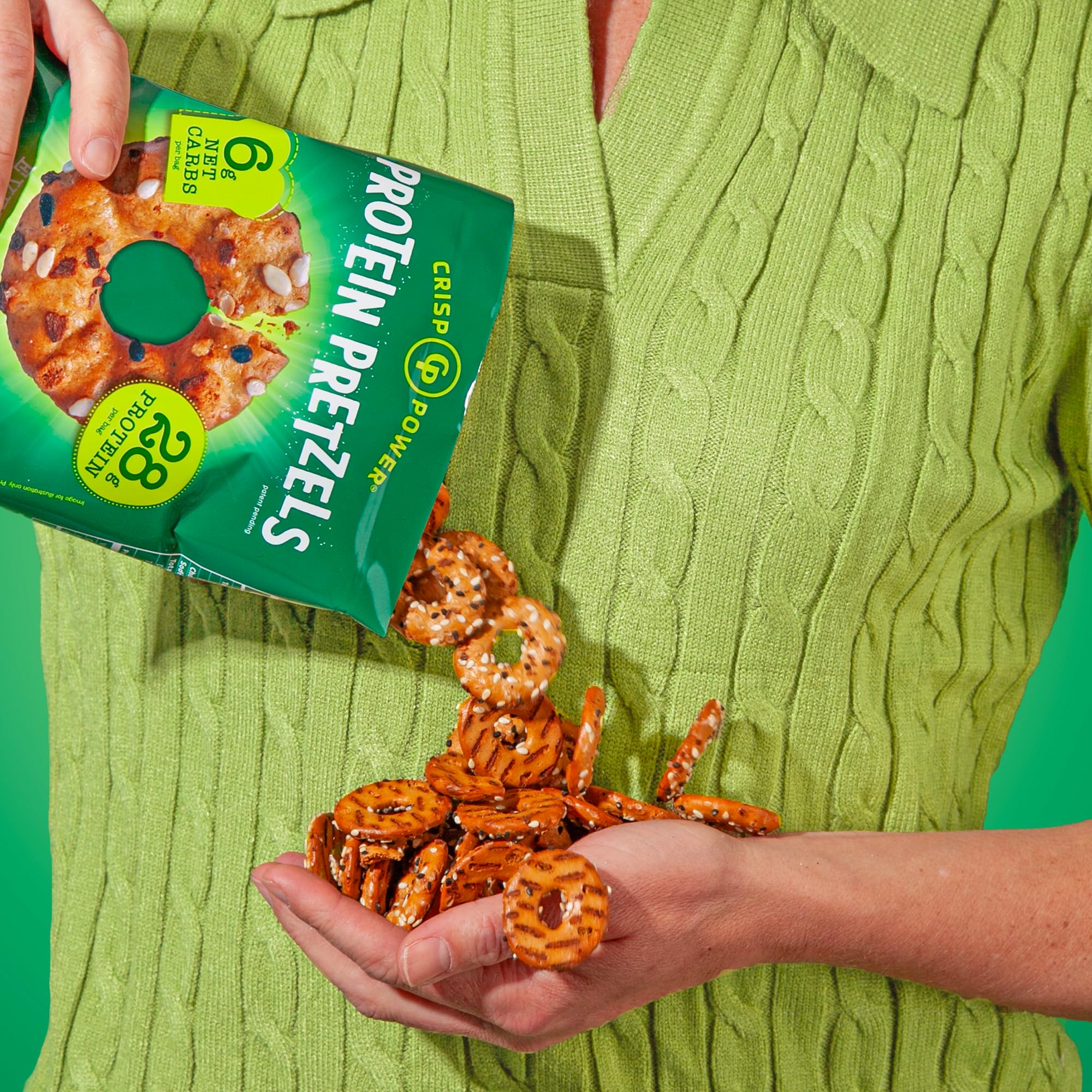 CRISP POWER high-fiber snack pretzels for gut-friendly satisfaction.