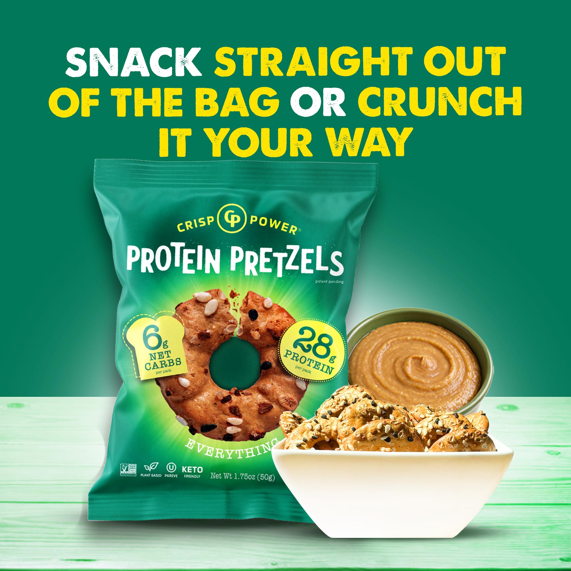 CRISP POWER low-carb snack pretzels help manage carb intake.