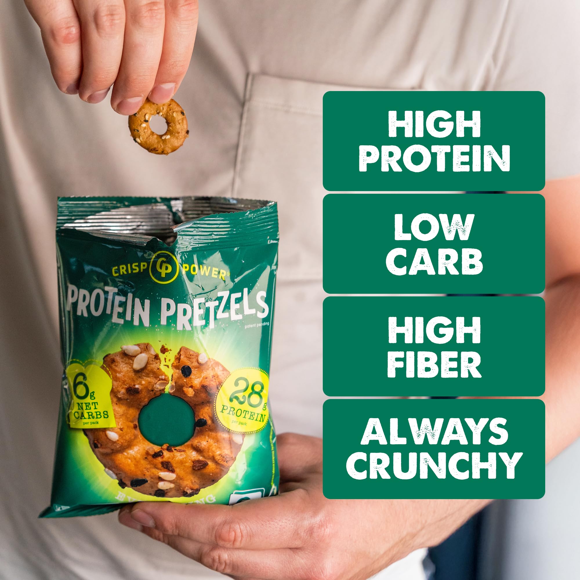 CRISP POWER no added sugar pretzels deliver clean flavor.