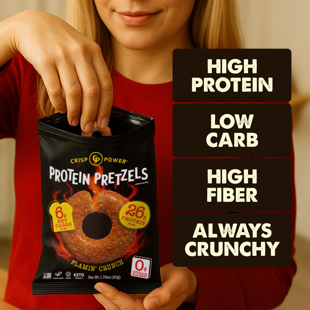 CRISP POWER six-pack box image emphasizes convenient portions for busy days