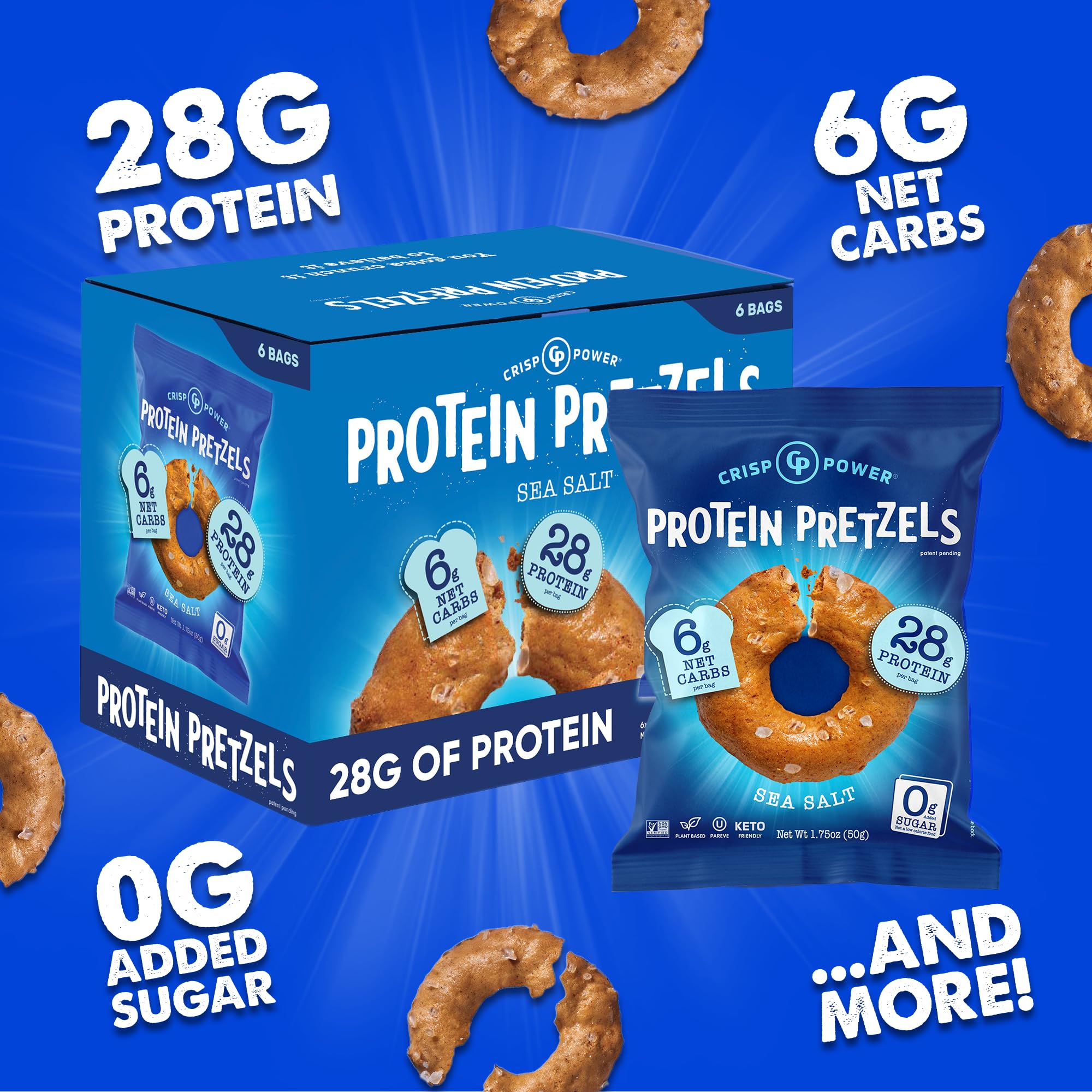 CRISP POWER Protein Pretzels 6-pack displayed on shelf for easy stocking