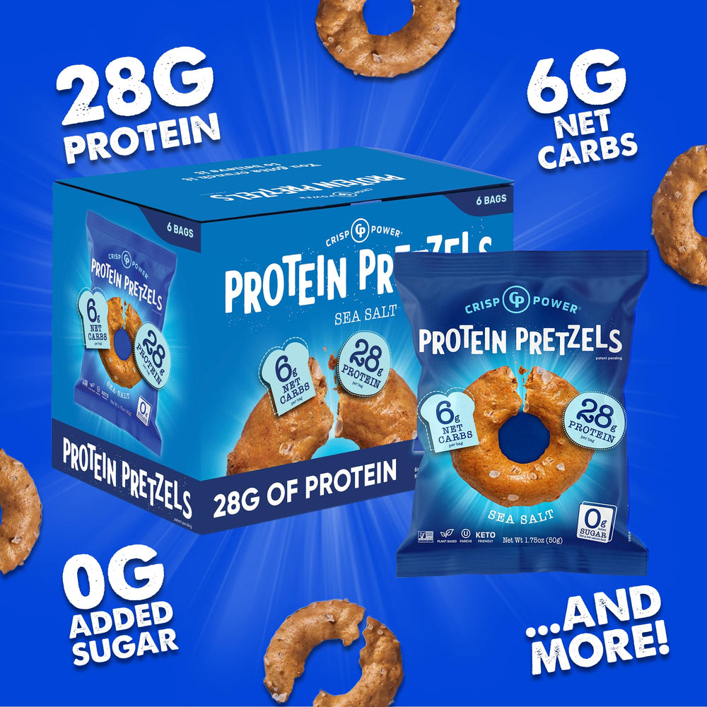 CRISP POWER Protein Pretzels 6-pack displayed on shelf for easy stocking