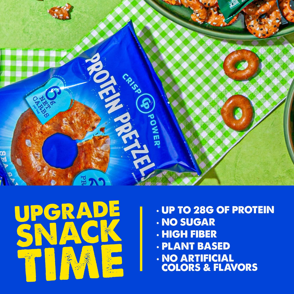 Close-up shot of CRISP POWER Protein Pretzels bite emphasizing savoriness