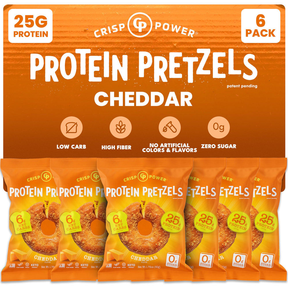 CRISP POWER Protein Pretzels cheddar bag with bold crunchy bite and protein boost