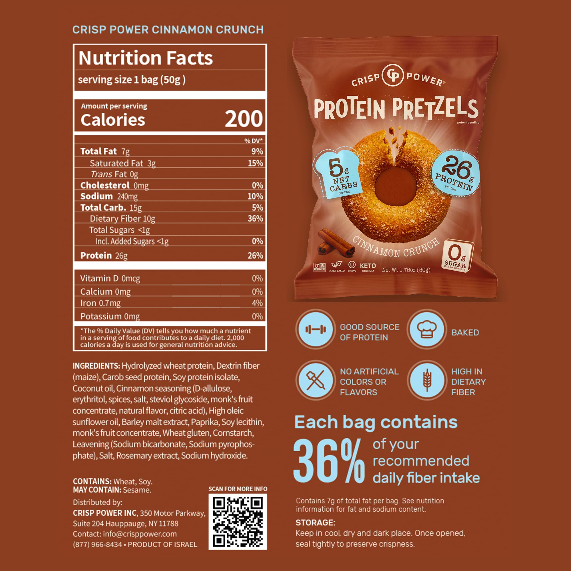 Close-up of CRISP POWER Cinnamon Crunch pretzels highlights protein-rich bite.