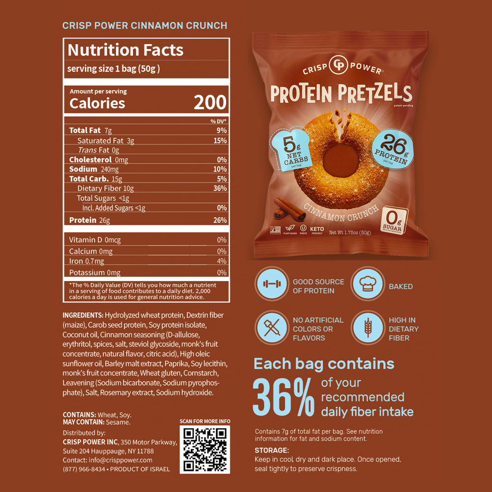 Close-up of CRISP POWER Cinnamon Crunch pretzels highlights protein-rich bite.