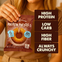 Six-pack CRISP POWER Cinnamon Crunch pretzels packaging for convenient snacking.