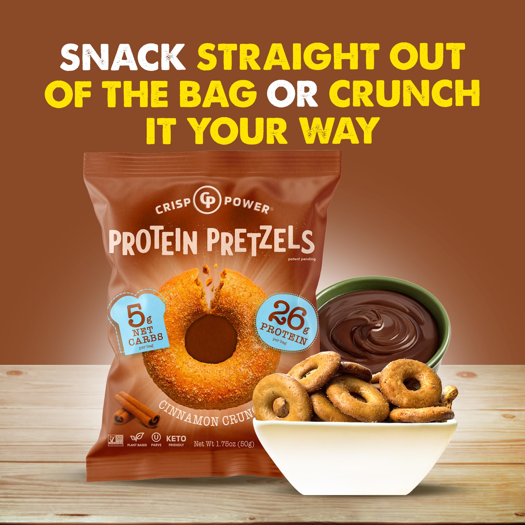 On-the-go setup with CRISP POWER Cinnamon Crunch for quick snacks.