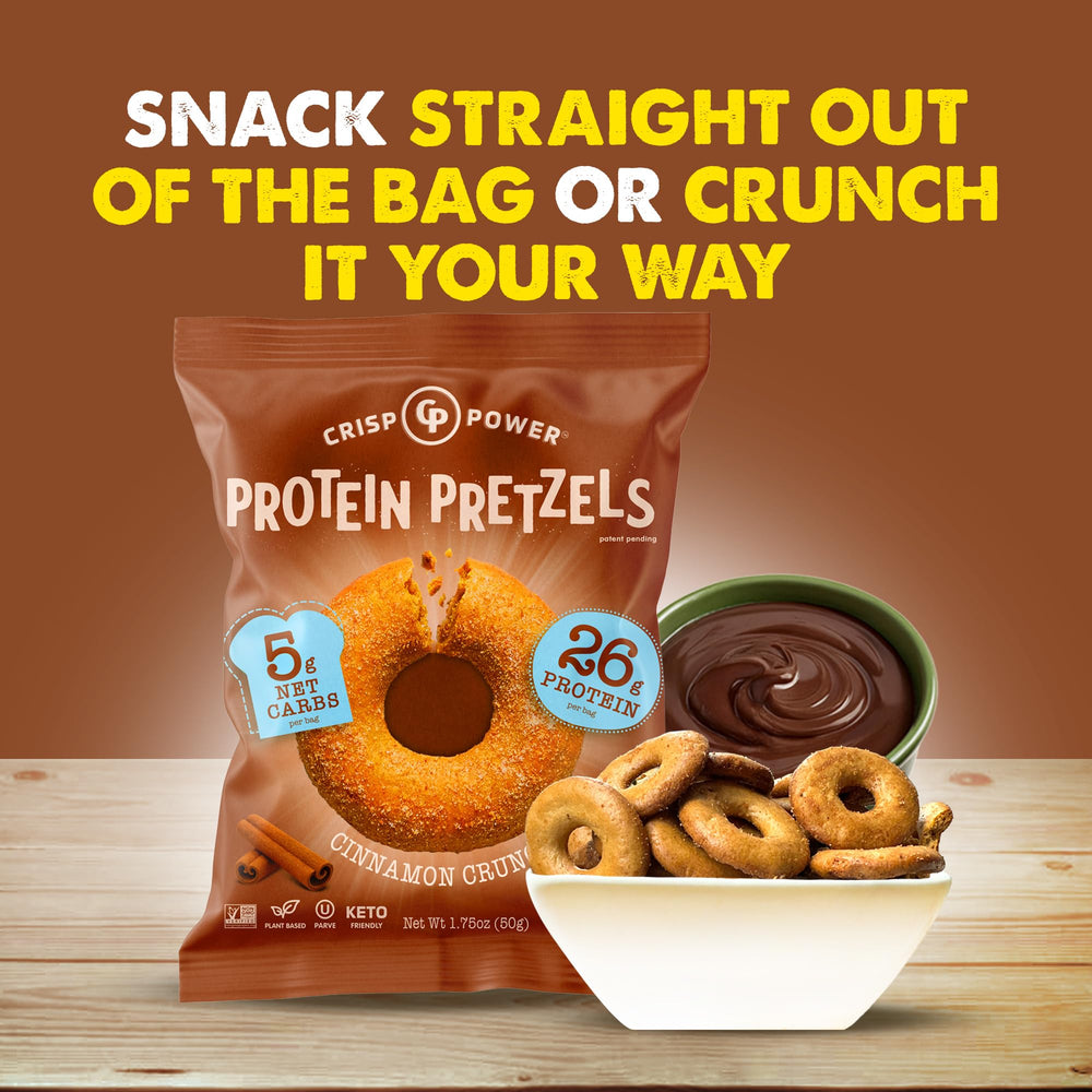 On-the-go setup with CRISP POWER Cinnamon Crunch for quick snacks.