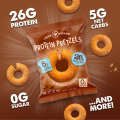 Front view of Cinnamon Crunch pretzels texture and cinnamon seasoning.