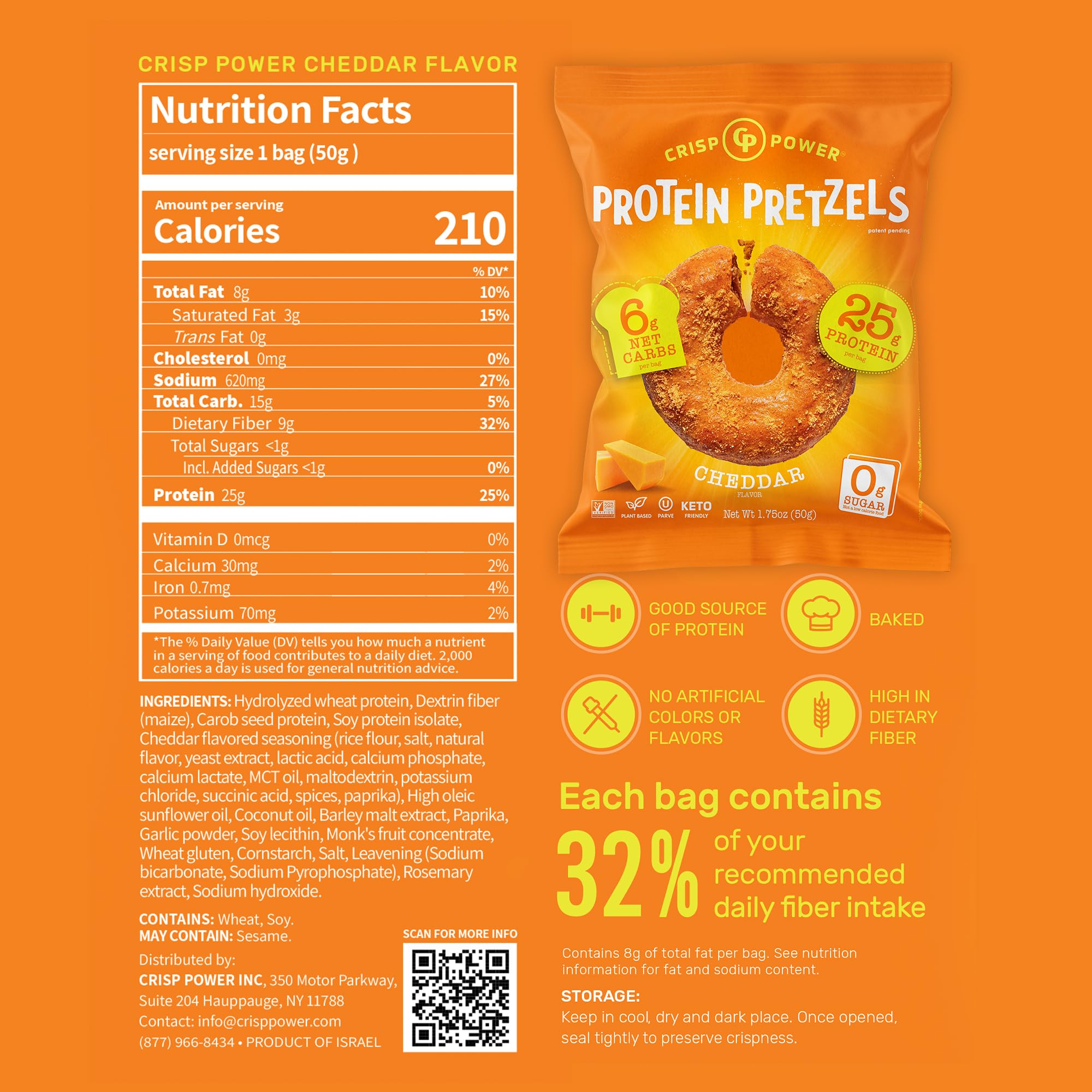 CRISP POWER protein pretzels close-up shows savory cheddar flavor and crisp texture