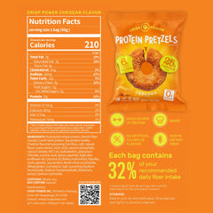CRISP POWER protein pretzels close-up shows savory cheddar flavor and crisp texture