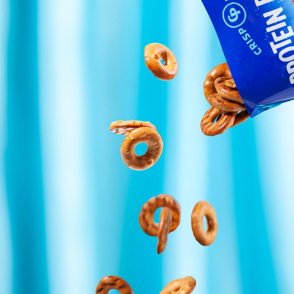 CRISP POWER Protein Pretzels display box showcasing sea-salt flavor