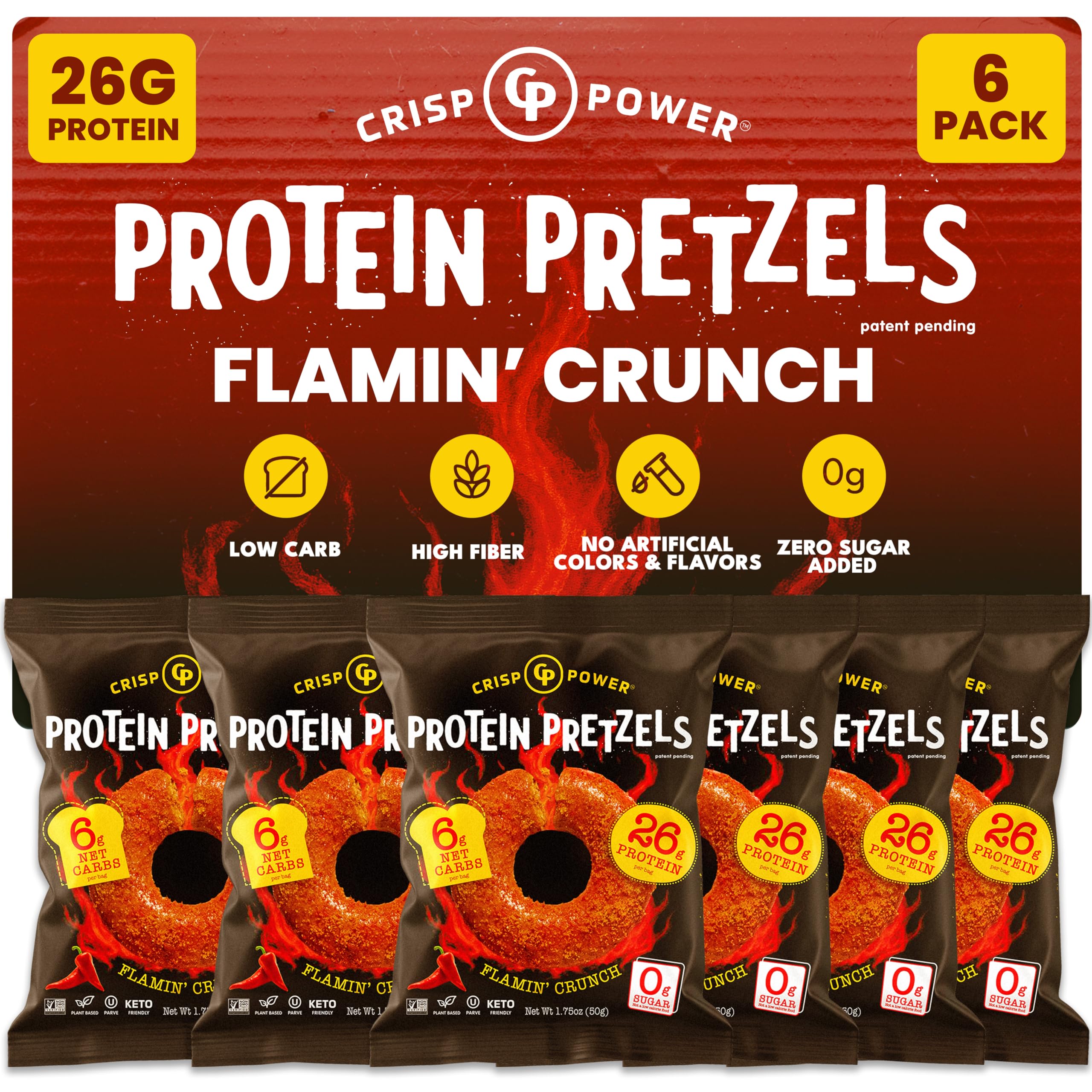 CRISP POWER Protein Pretzels Flamin' Crunch packfront shows bold crunch for on-the-go energy