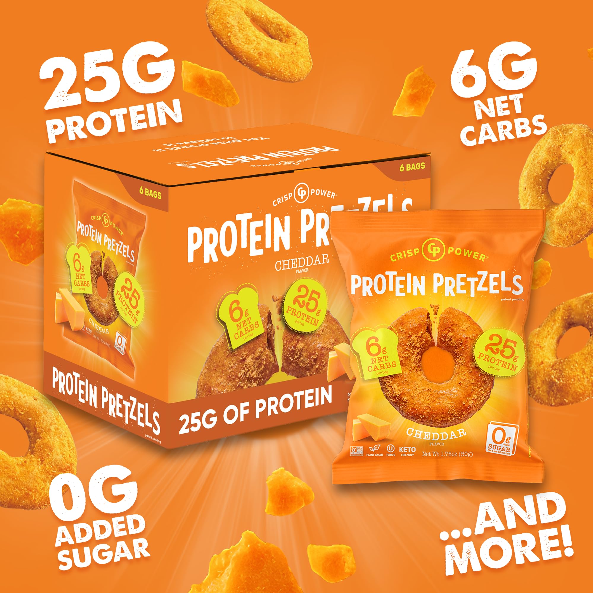 CRISP POWER nutrition label highlights 25g protein and 6g net carbs